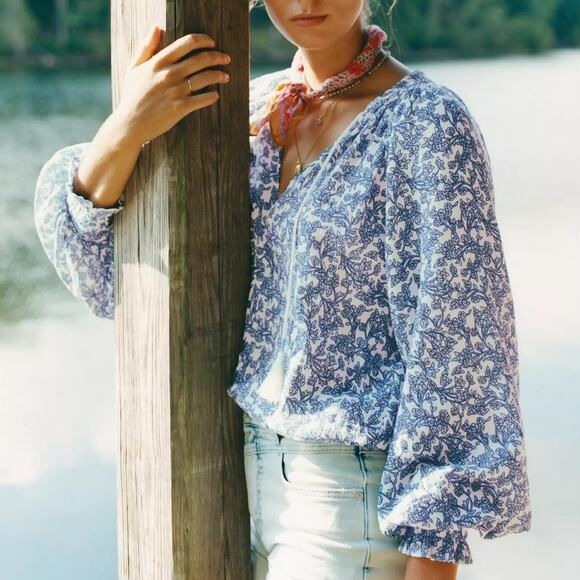 Anthropologie Porridge Blouse Womens Small Blue White Peasant Tassel Smocked - Picture 1 of 9